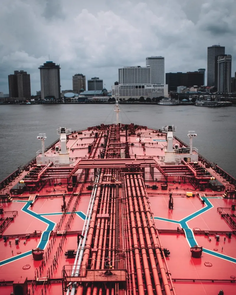 The tanker deck approaching a city