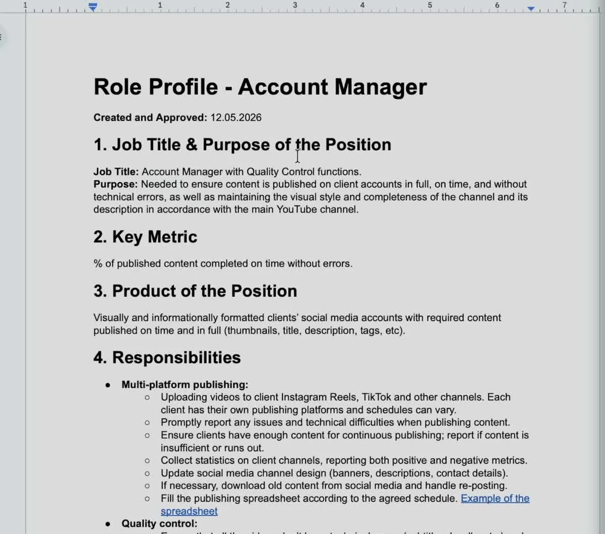 Role Profile for an Account Manager with quality control: purpose, key metric, product of the position and responsibilities