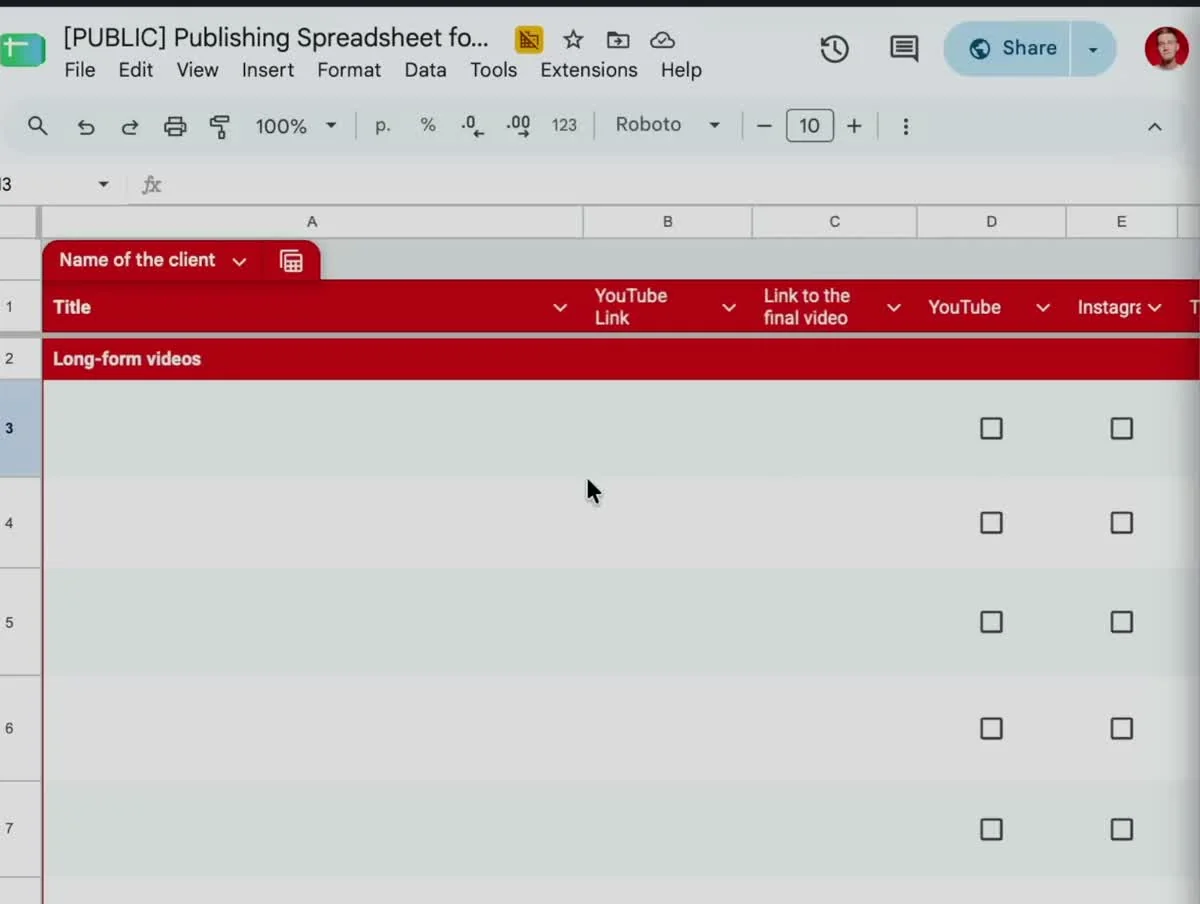 Publishing spreadsheet template with columns for title, YouTube link, final video link and a checkbox for each platform
