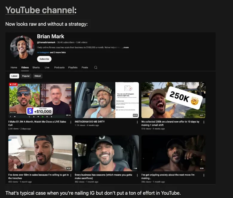 A YouTube channel of an Instagram creator before a strategy: videos in random formats with no clear packaging, next to a list of improvements
