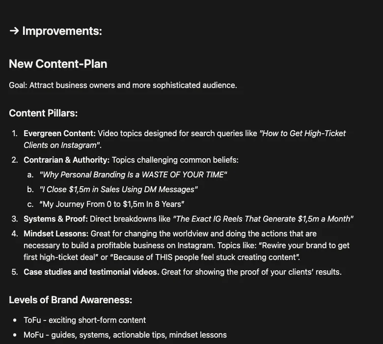 Strategy document: new content plan with five content pillars and levels of brand awareness