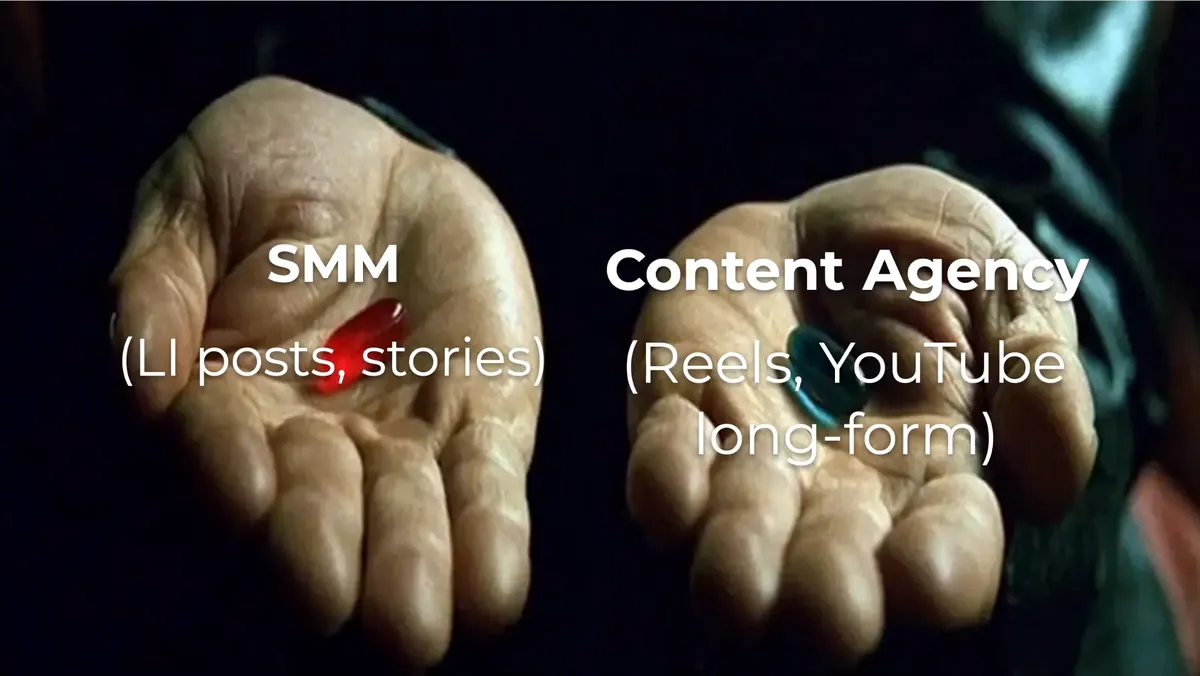 Slide with two pills: SMM for LinkedIn posts and stories, or a content agency for reels and long YouTube videos