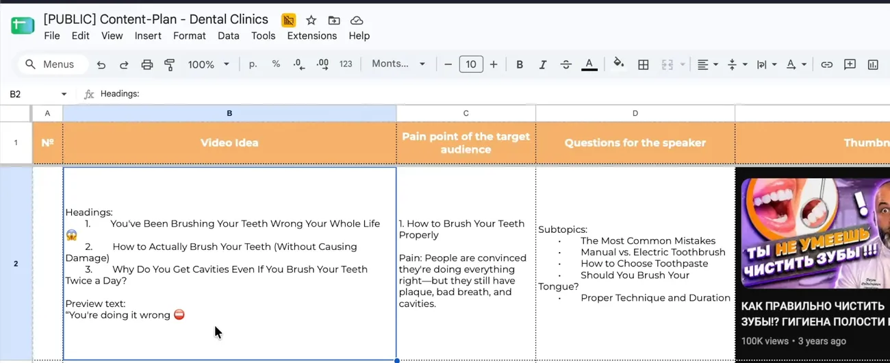 A content plan table for dental clinics: video topics, formats and a column of questions for the speaker
