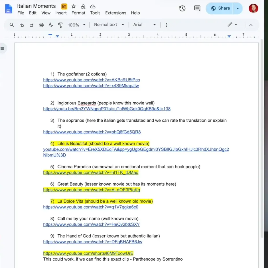 Google Doc titled Italian Moments with a list of nine movie clip options, from The Godfather to La Dolce Vita, some highlighted