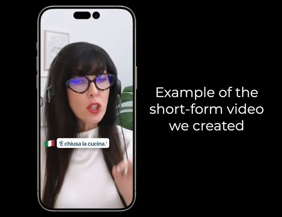 A vertical short-form video of Elisabetta with an Italian subtitle: È chiusa la cucina