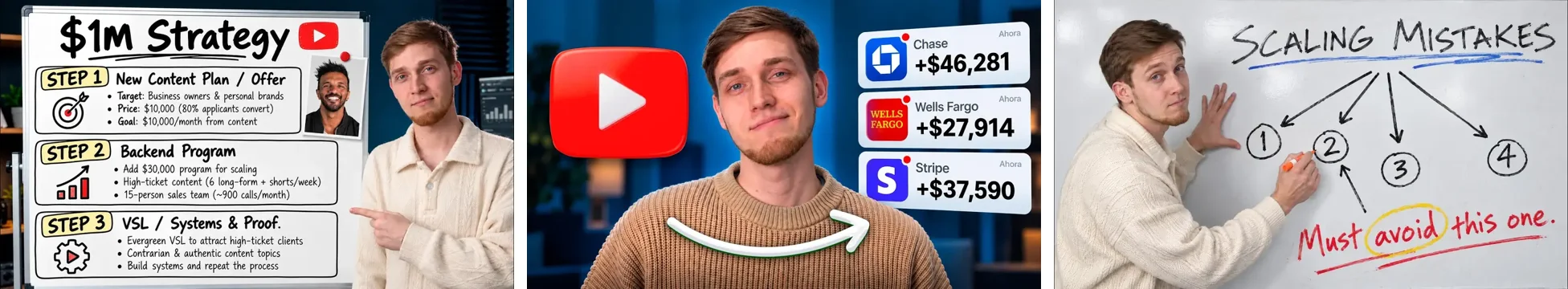 Three thumbnails from Evgeny Maximov's business YouTube channel: a whiteboard with a $1M strategy, payment notifications next to a smiling face, and a whiteboard with scaling mistakes