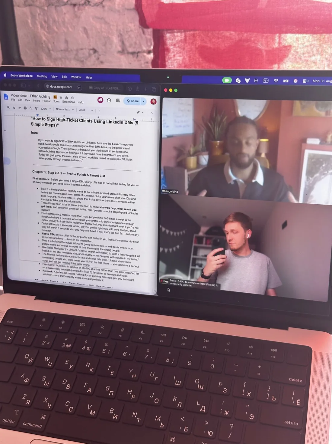 A laptop screen during the filming session: a Google Doc with the video script on the left and a Zoom call with Ethan Golding and Evgeny Maximov on the right