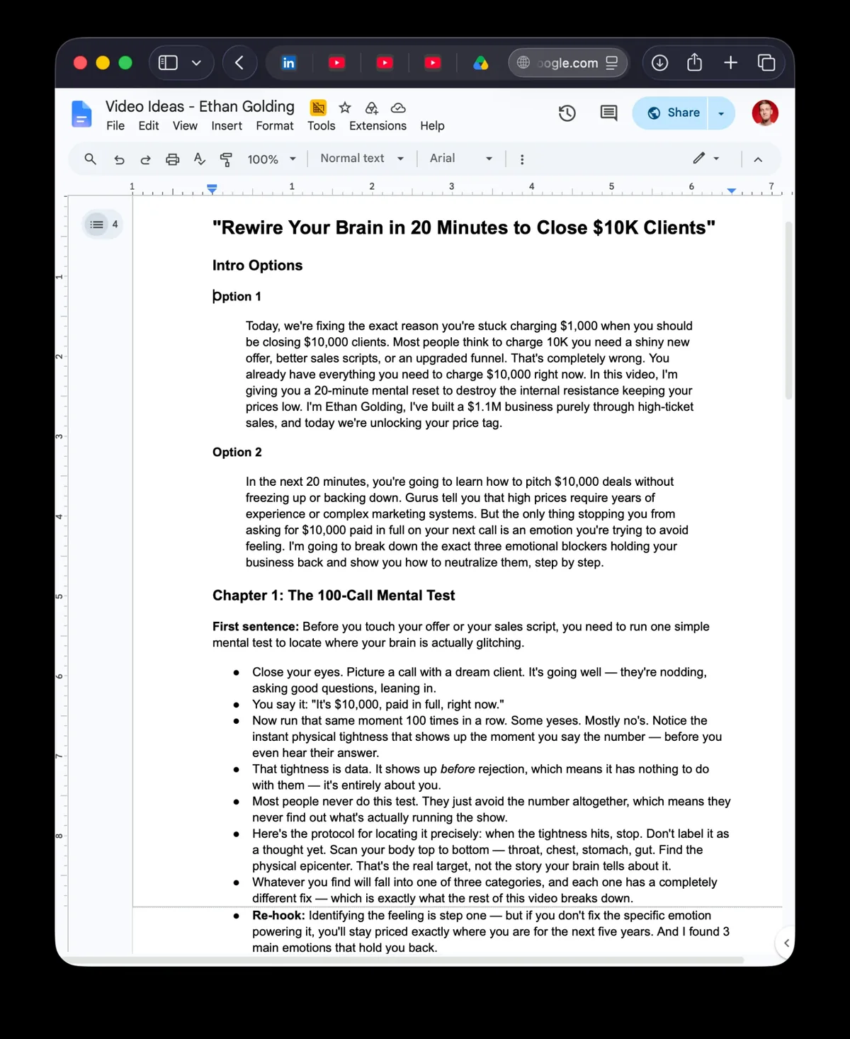 The script document for Ethan's second video: Rewire Your Brain in 20 Minutes to Close $10K Clients, with intro options and chapters