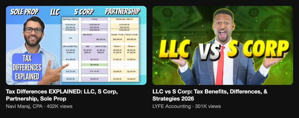 Two reference videos comparing LLC and S corp taxes, 402K and 301K views
