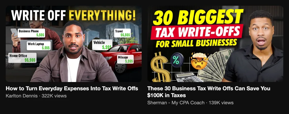 Two reference videos about business tax write-offs, 322K and 139K views