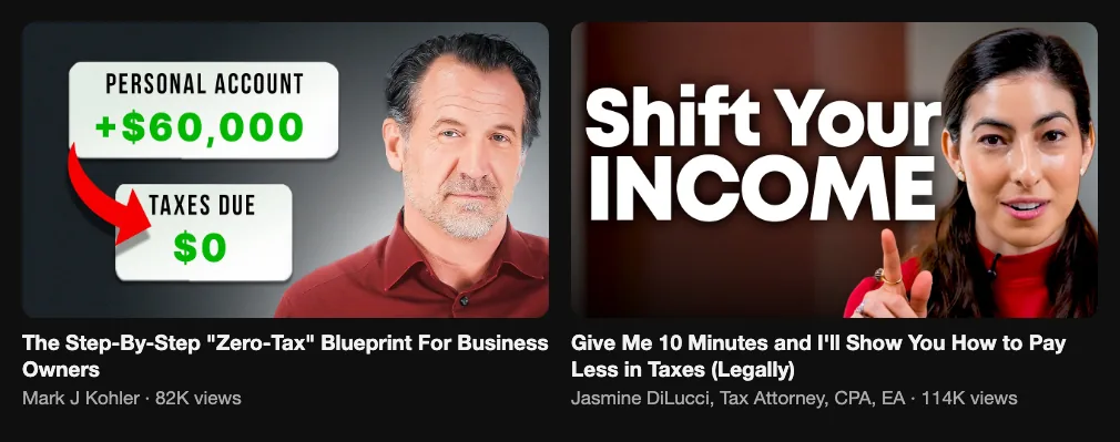 Two reference videos about tax strategies for business owners, 82K and 114K views