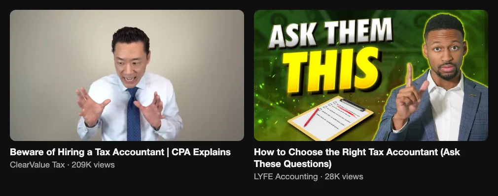 Two reference videos about how to choose a tax accountant, 209K and 28K views