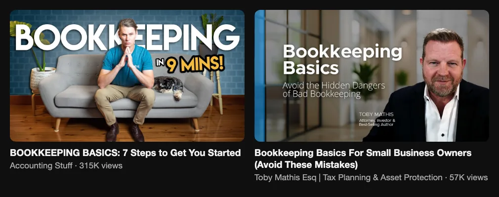 Two reference videos about bookkeeping basics for small business owners, 315K and 57K views