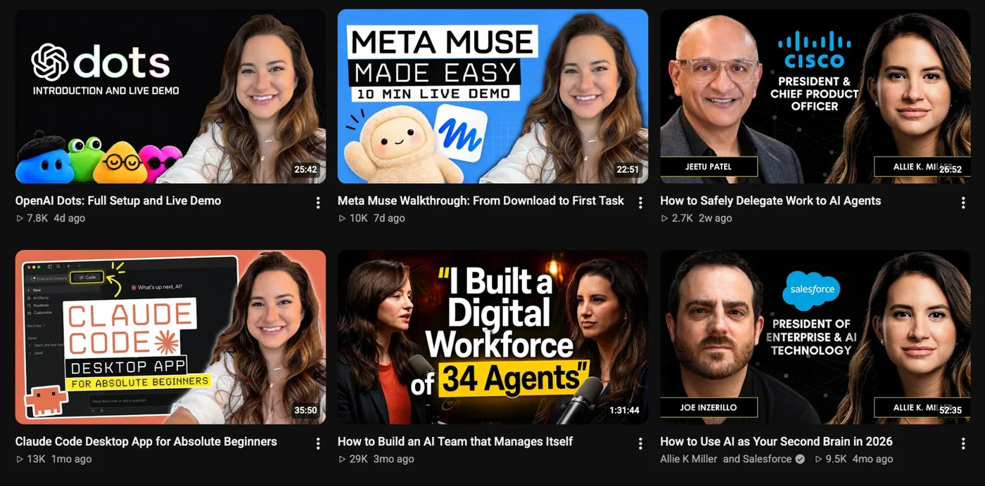 Allie K. Miller's latest long videos: thumbnails with a tool logo, small text like Introduction and live demo or 10 min live demo, interview thumbnails with job titles, 2.7K to 29K views
