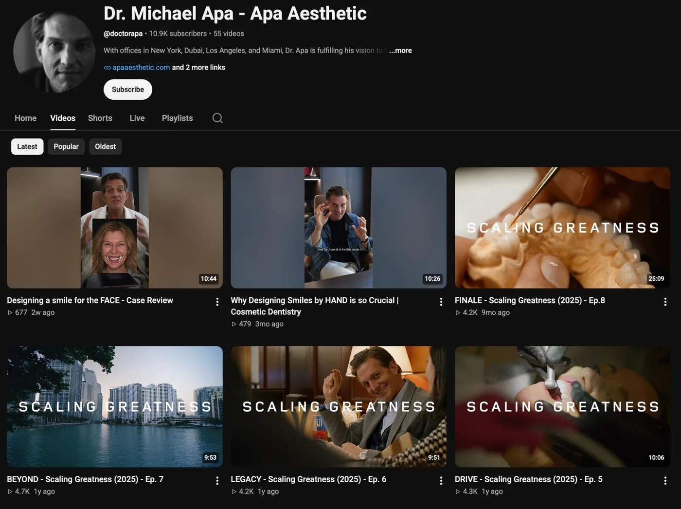Dr. Michael Apa's YouTube channel: 10.9K subscribers, 55 videos, offices in New York, Dubai, Los Angeles and Miami; the latest videos are vertical clips with blurred side bars and docuseries thumbnails that only say Scaling Greatness, with titles like FINALE - Scaling Greatness (2025) - Ep.8