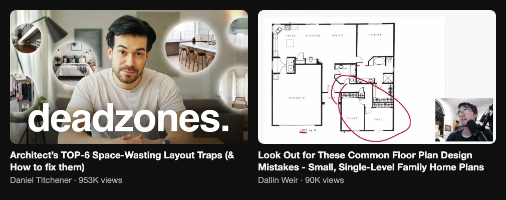 Two reference videos about floor plan mistakes and layout traps, 953K and 90K views