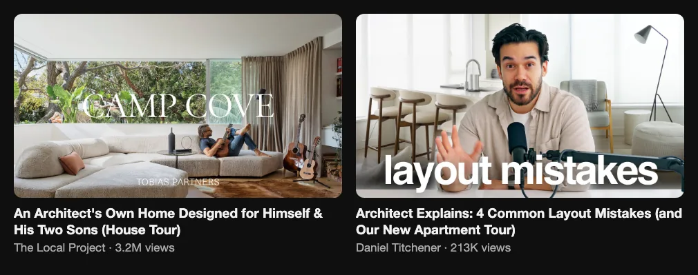 Two reference videos with architect house tours and walkthroughs, 3.2M and 213K views