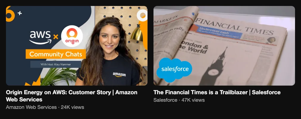 Two B2B customer case study videos from AWS and Salesforce, 24K and 47K views