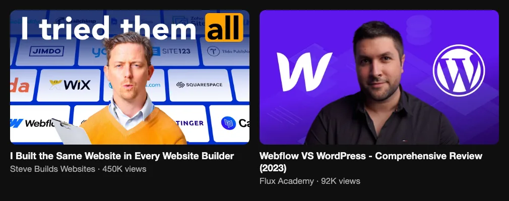Two comparison videos about website builders, 450K and 92K views
