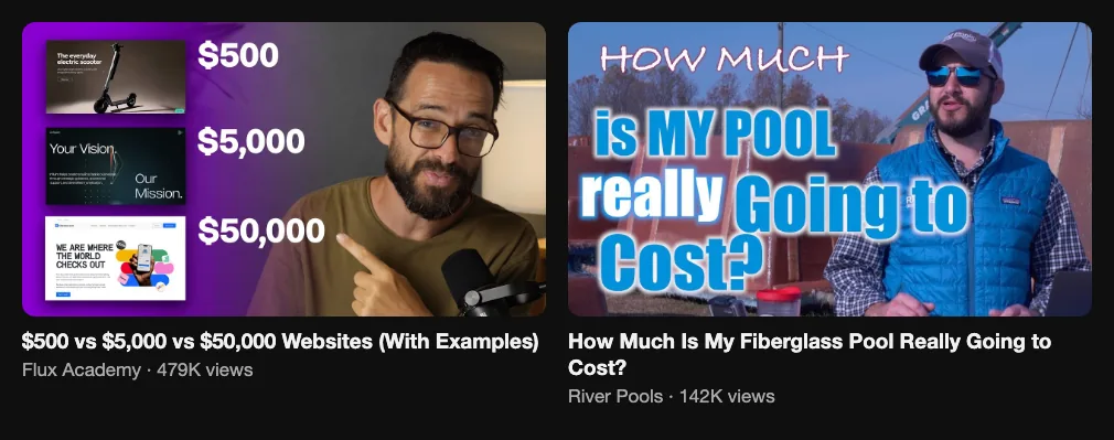 Two pricing videos: what websites cost at three budget levels, 478K views, and a pool company explaining its real prices, 142K views