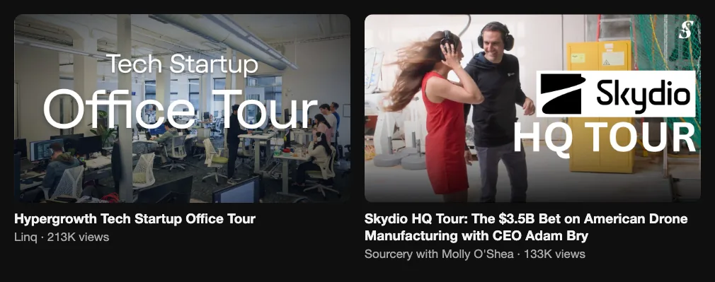 A startup's own office tour, 213K views, and a company headquarters tour with the CEO, 133K views
