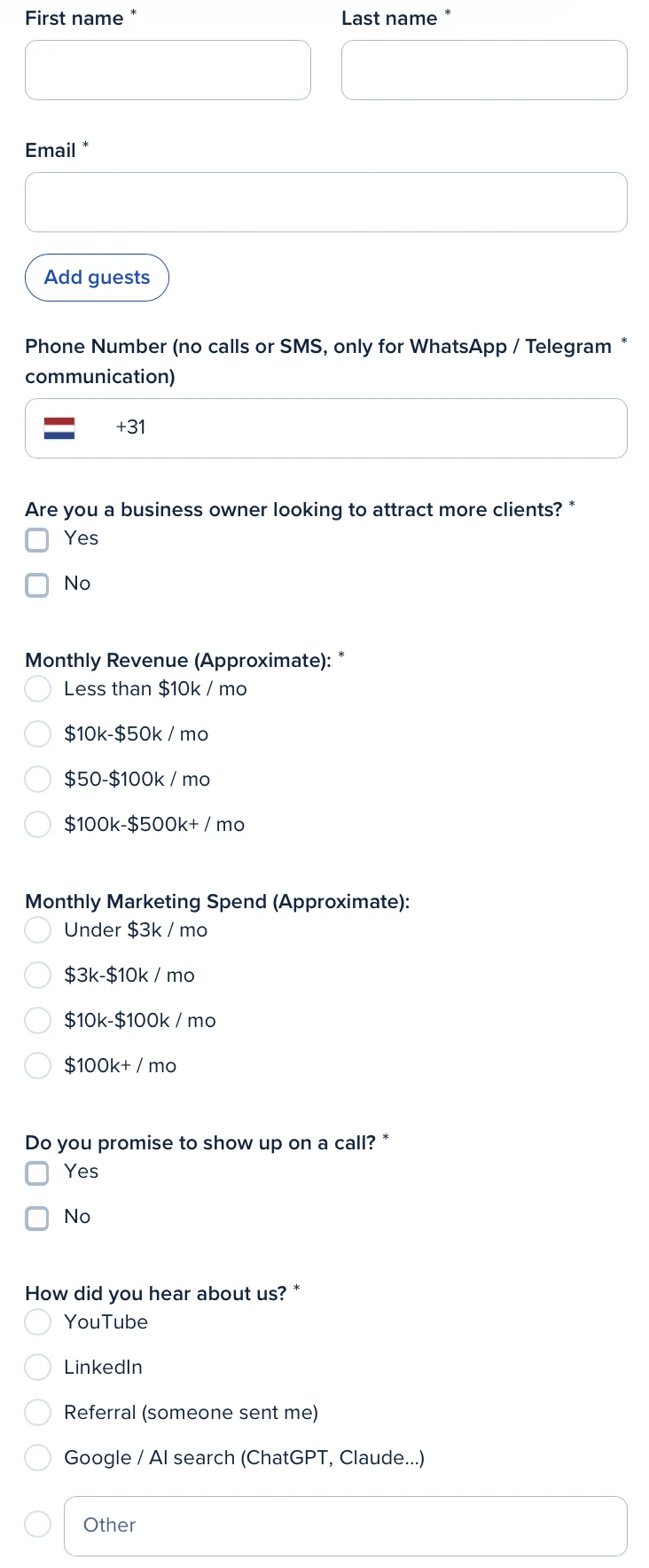 Evgeny Maximov's Calendly booking form: name, email, a phone number for WhatsApp or Telegram, business owner yes or no, monthly revenue, monthly marketing spend, a promise to show up, and how they heard about us