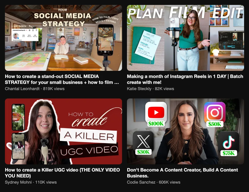 Four videos about content creation: a small business social media strategy 819K views, a month of Reels in one day 82K, how to create a UGC video 110K and building a content business 606K