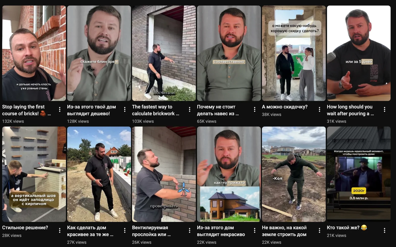 A grid of the most viewed Shorts on a home builder's YouTube channel, from 132K down to 21K views