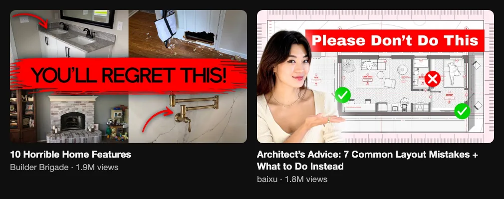 Two reference videos about home features and layout mistakes, 1.9M and 1.8M views