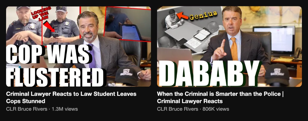 Two reference videos where a criminal defense lawyer reacts to bodycam footage, 1.3M and 806K views