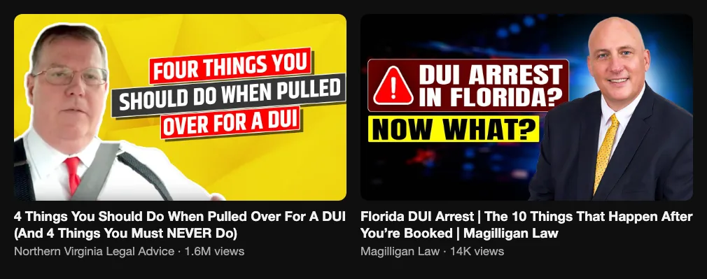 Two reference videos from defense firms about what to do when pulled over for a DUI and what happens after an arrest, 1.6M and 14K views