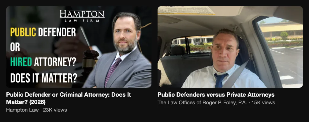 Two reference videos from criminal defense firms about public defenders versus private lawyers, 23K and 15K views