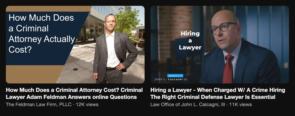 Two reference videos from defense firms about what a criminal defense lawyer costs and how to hire the right one, 12K and 11K views