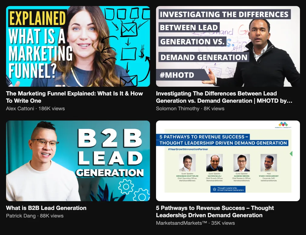 Four explainer videos on demand generation and lead generation: the marketing funnel 186K views, Solomon Thimothy 8K, B2B lead generation 88K, thought leadership demand generation 35K