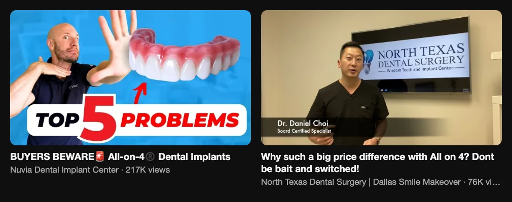 Two reference videos warning implant patients about bait-and-switch offers, 217K and 76K views