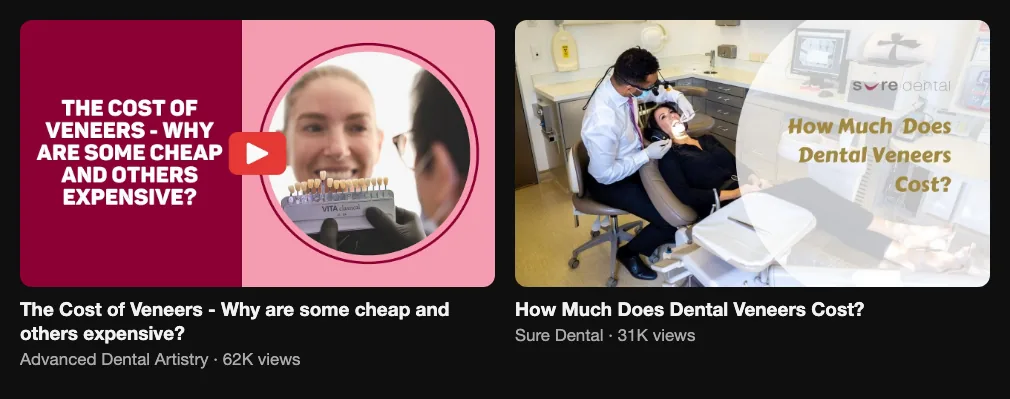 References for a veneer cost video: Advanced Dental Artistry, The Cost of Veneers, 62K views; Sure Dental, How Much Does Dental Veneers Cost, 31K views