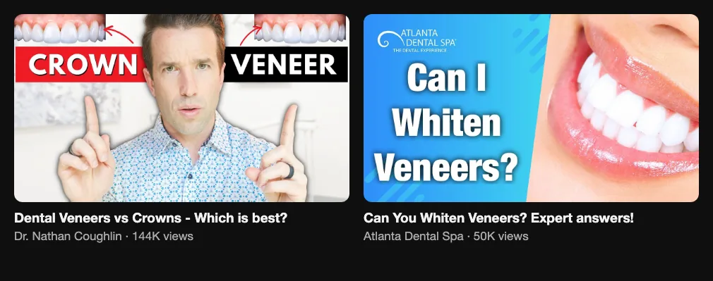 References for a comparison video: Dr. Nathan Coughlin, Dental Veneers vs Crowns, 144K views; Atlanta Dental Spa, Can You Whiten Veneers, 50K views