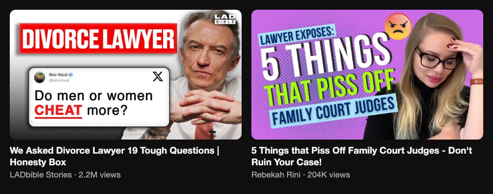 Two reference videos where divorce and family lawyers answer tough questions and explain what angers judges, 2.2M and 204K views