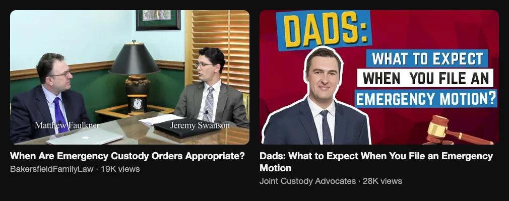 Two reference videos from family law firms about emergency custody motions and orders, 28K and 19K views