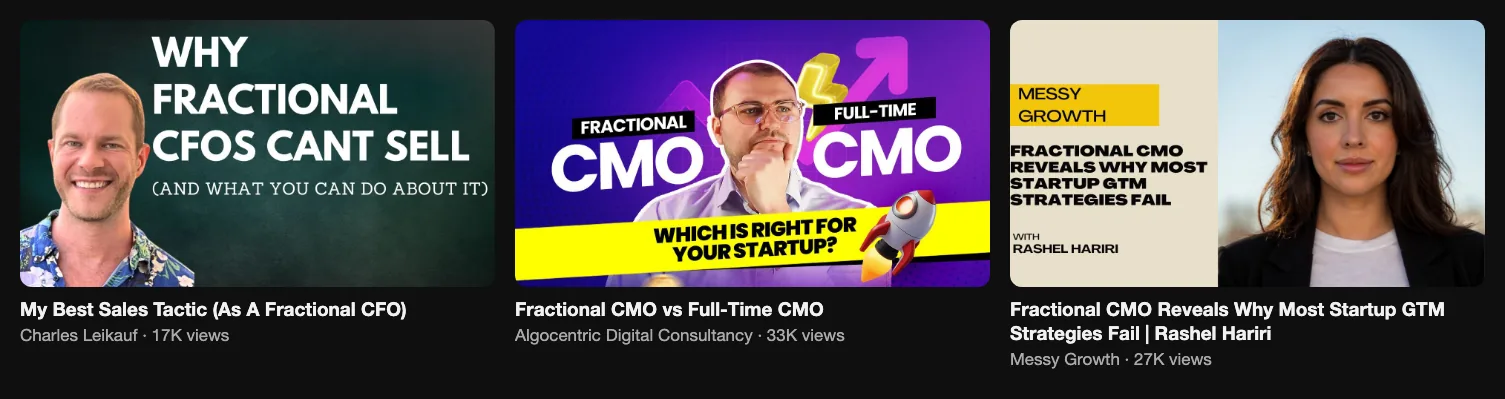 Three reference videos about fractional executives: 17K, 33K and 27K views