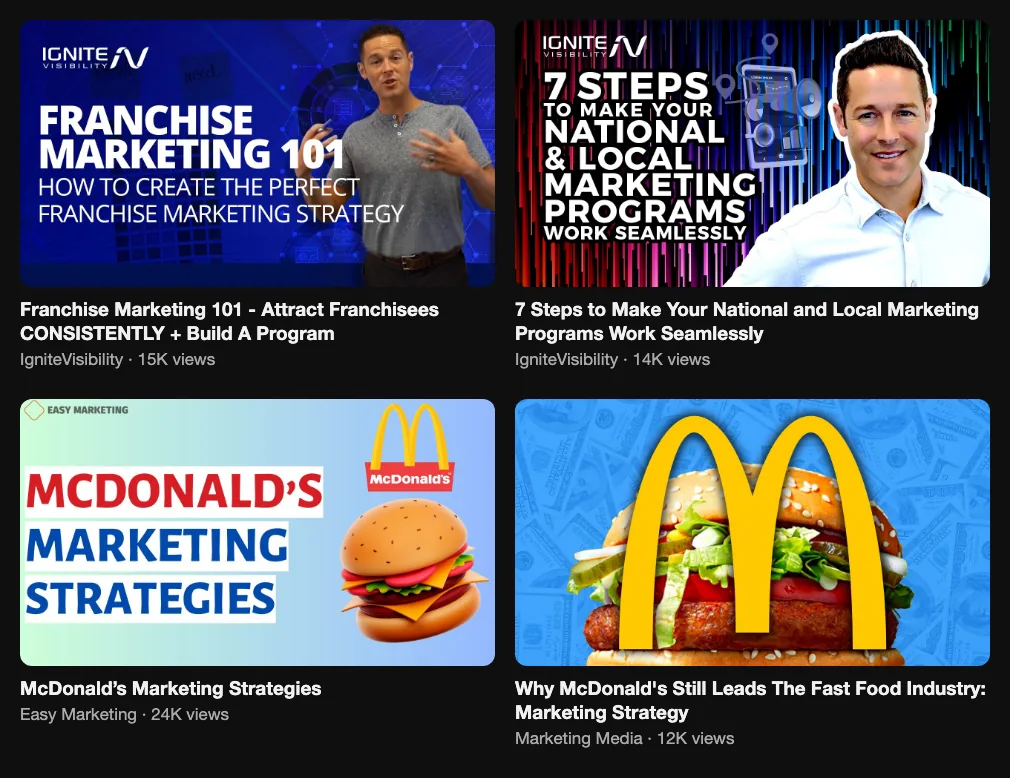 Four videos about franchise marketing programs and McDonald's marketing: 15K, 14K, 24K and 12K views