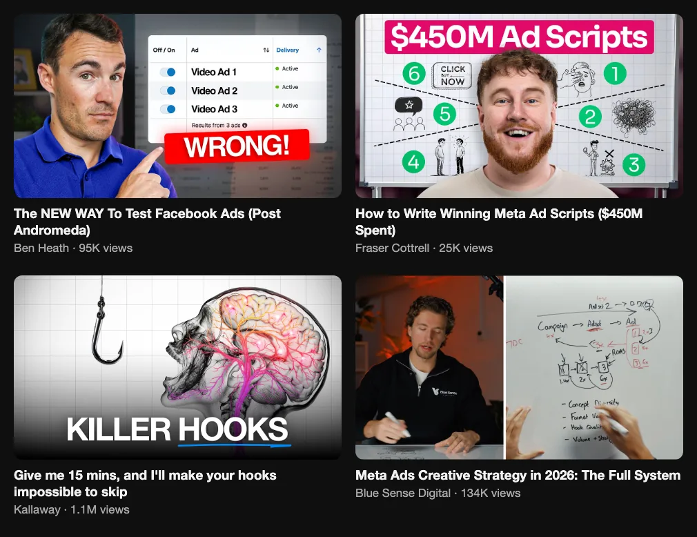 Four videos about testing ad creative and hooks: 95K, 25K, 1.1M and 134K views