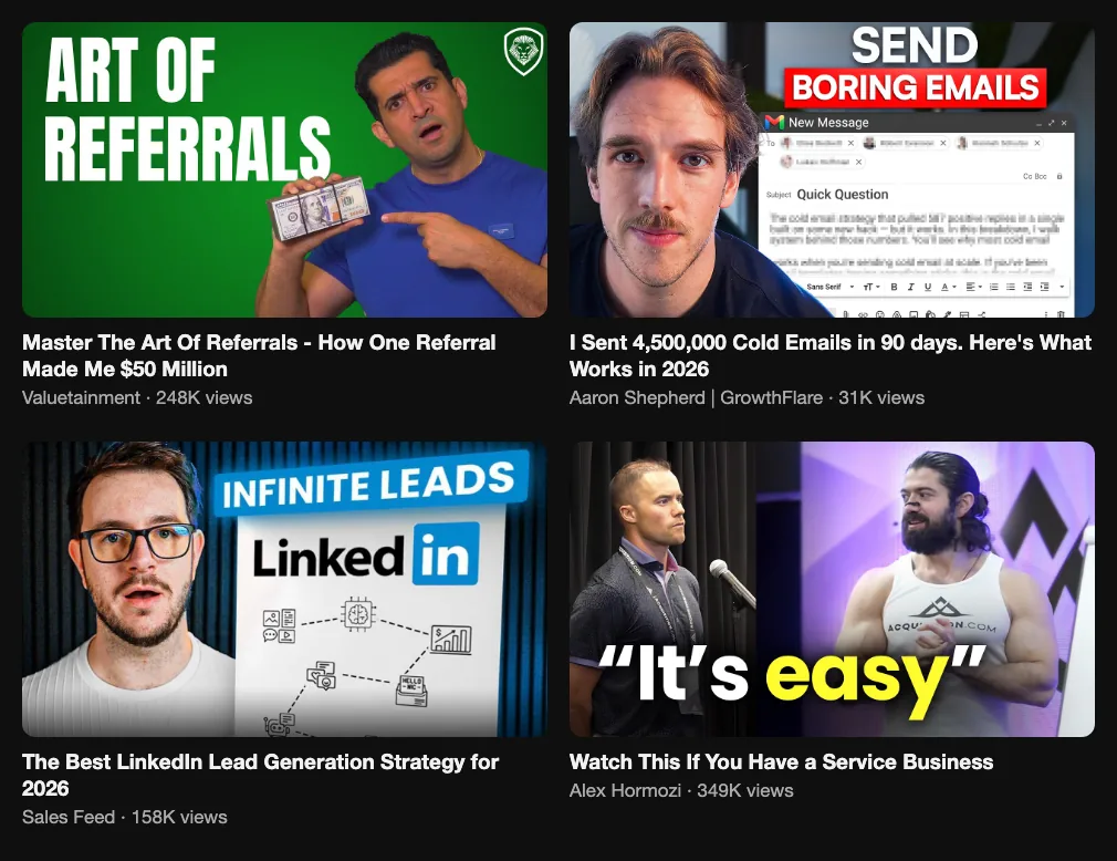 Four videos about B2B lead channels: referrals 248K views, cold email 31K, LinkedIn 158K, a service business Q&A 349K