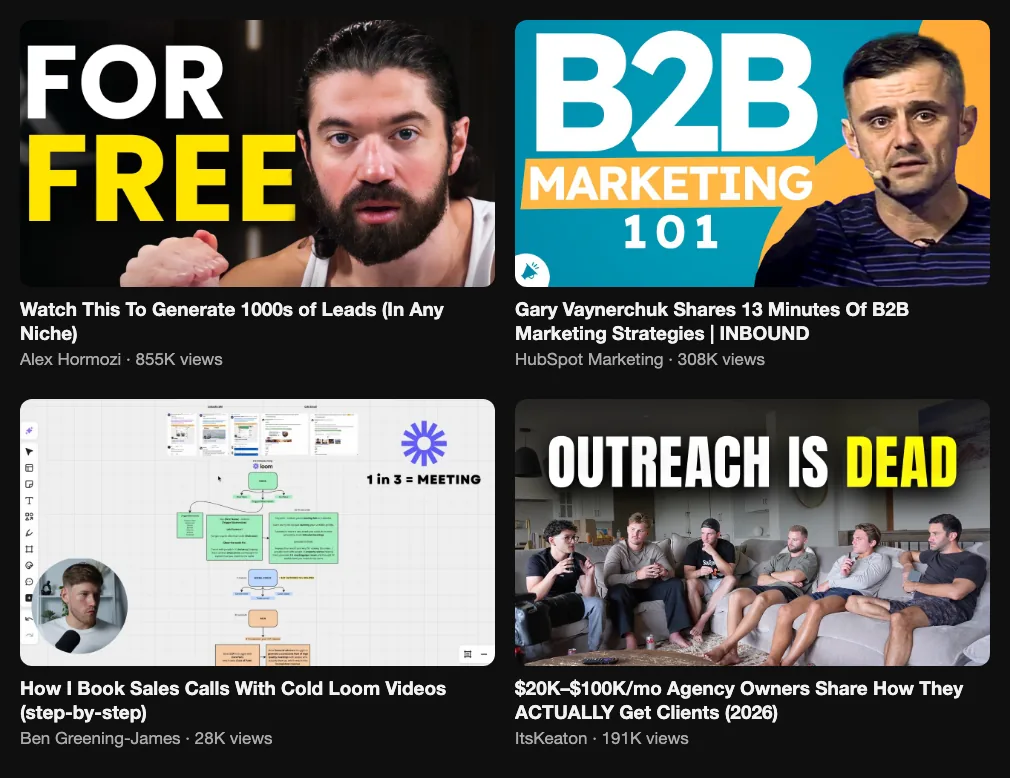 Four videos about video and content as a B2B lead channel: lead capture 855K views, B2B content strategy 308K, Loom prospecting 28K, agency owners on getting clients 191K