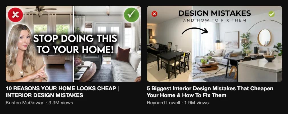 Two reference videos about design mistakes that make a home look cheap, 3.3M and 1.9M views