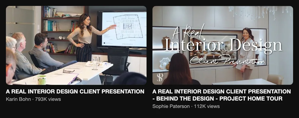 Two reference videos showing real interior design client presentations, 793K and 112K views