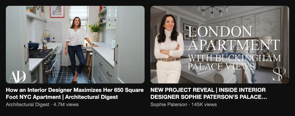 Two reference videos with an interior designer showing a project, 4.7M and 145K views