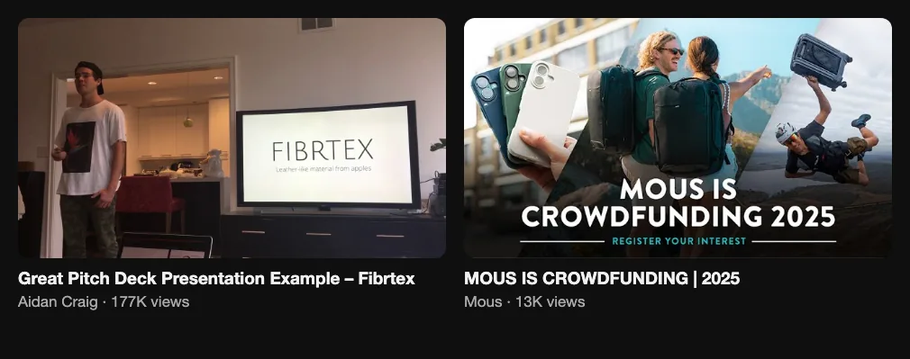 Two reference videos: a pitch deck presentation example with 177K views and a company crowdfunding video with 13K views