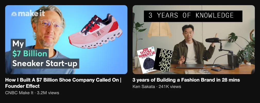 Two reference videos with founder stories, 3.2M and 241K views