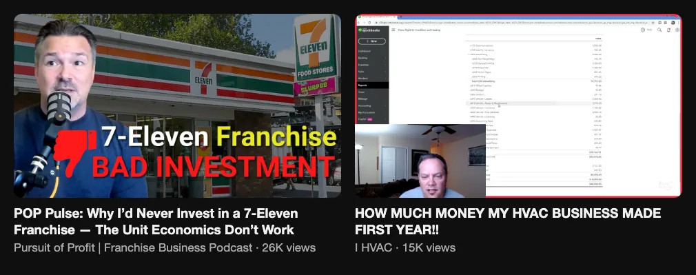 Two reference videos about franchise unit economics and a business owner's first-year income, 26K and 15K views